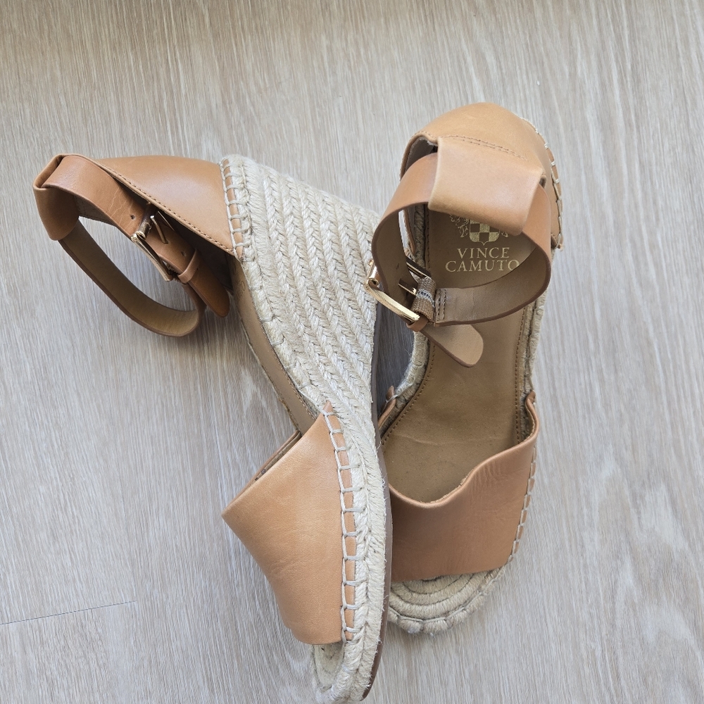 Vince Camuto Tan Brown Leather Espadrille Wedges Venerly Ankle Strap size 10 - Picture 2 of 16